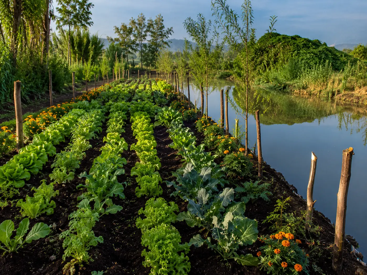 Rows of lettuce and cabbage growing on a chinampa, the plot edged with ahuejote stakes where the soil meets the canal