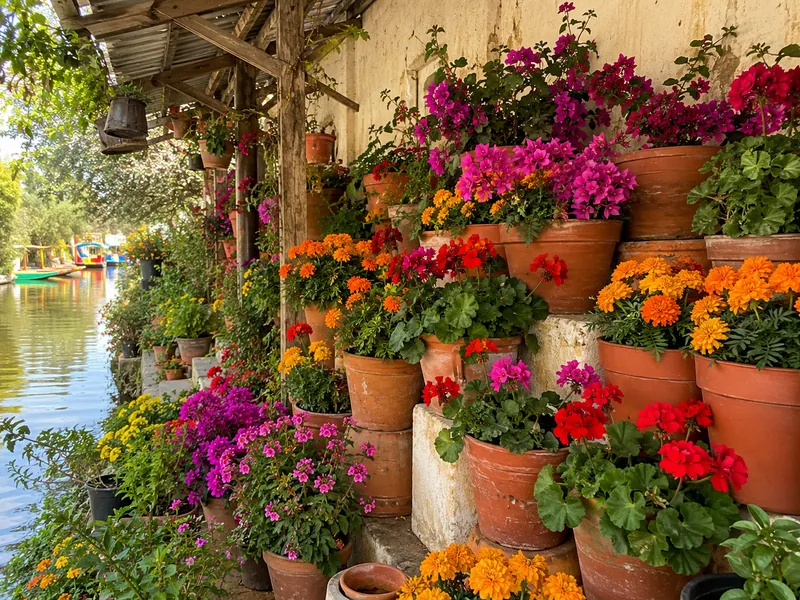 Stacked terracotta pots of marigolds, geraniums and bougainvillea under a wooden shelter at a canal-side plant nursery