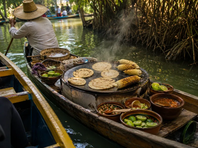 A vendor’s rowing boat pulled alongside, a comal of tortillas and grilled corn steaming, clay bowls of salsa and limes